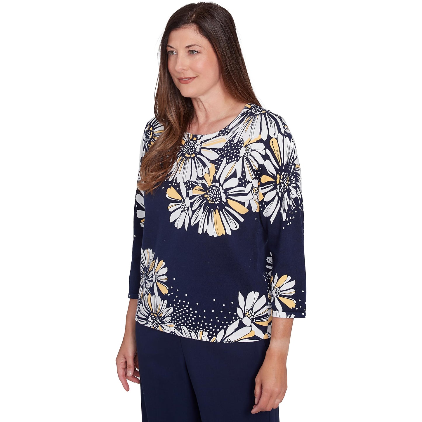 Alfred Dunner Block Island Cotton Sweater Daisy Yoke and Border (US, Alpha, Large, Regular, Regular, Standard, Navy)
