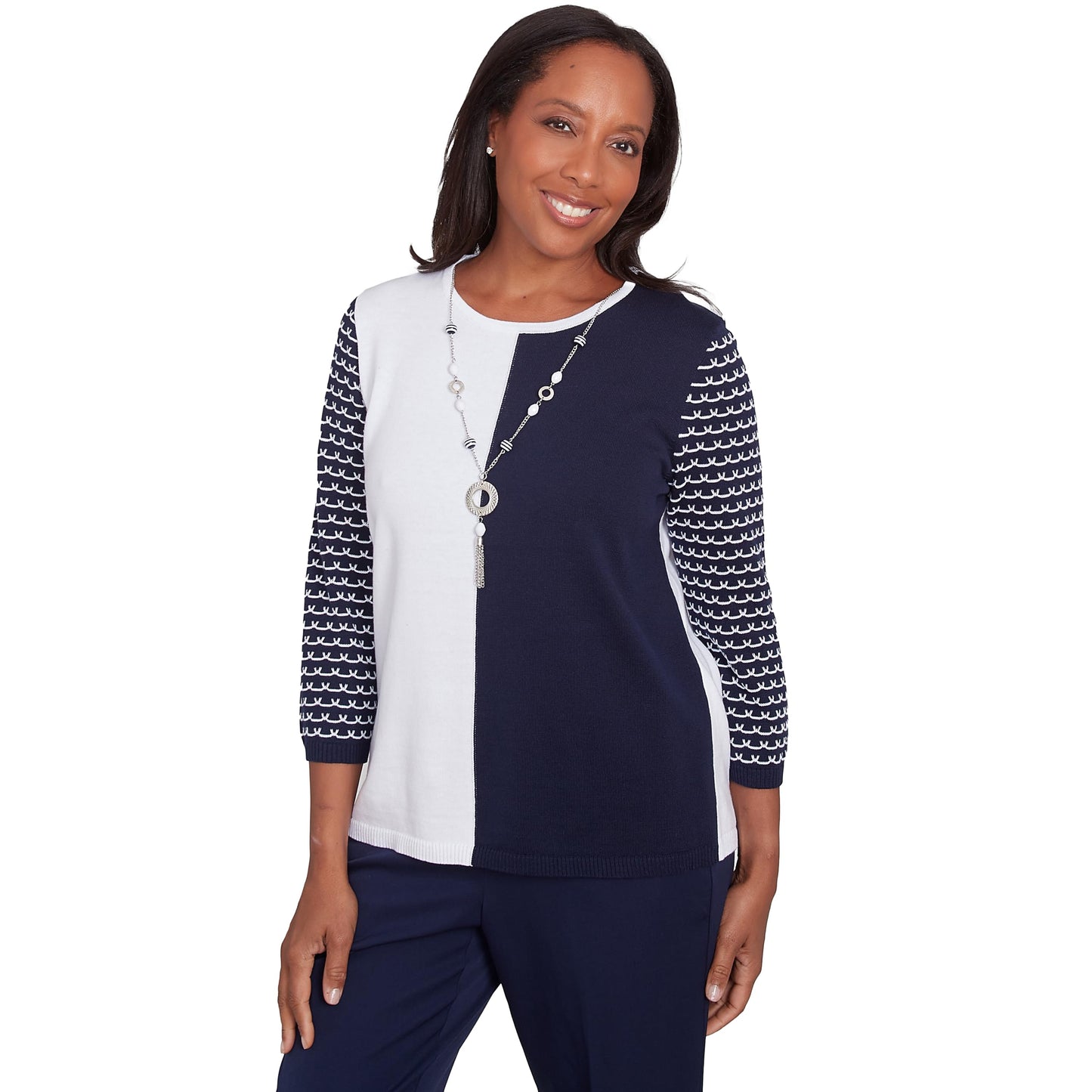 Alfred Dunner Block Island Light Weight Sweate Navy/Multi Cotton/Acrylic