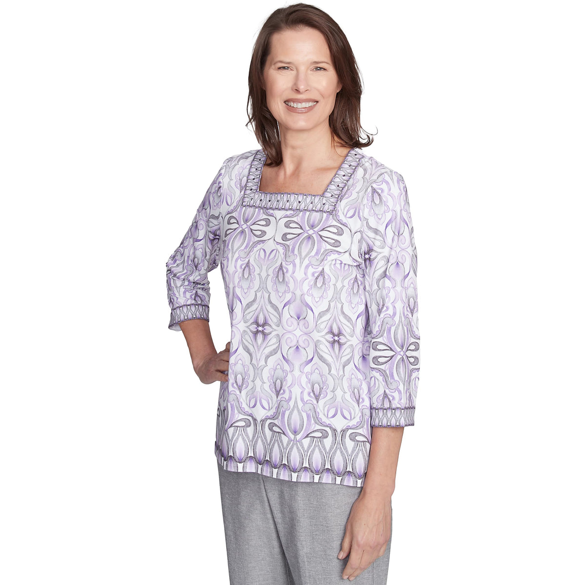 Alfred Dunner Crystal Springs Multicolor Square Neck and Border Medallion Cotton Top (US, Alpha, Small, Regular, Petite, Petite, Multi)