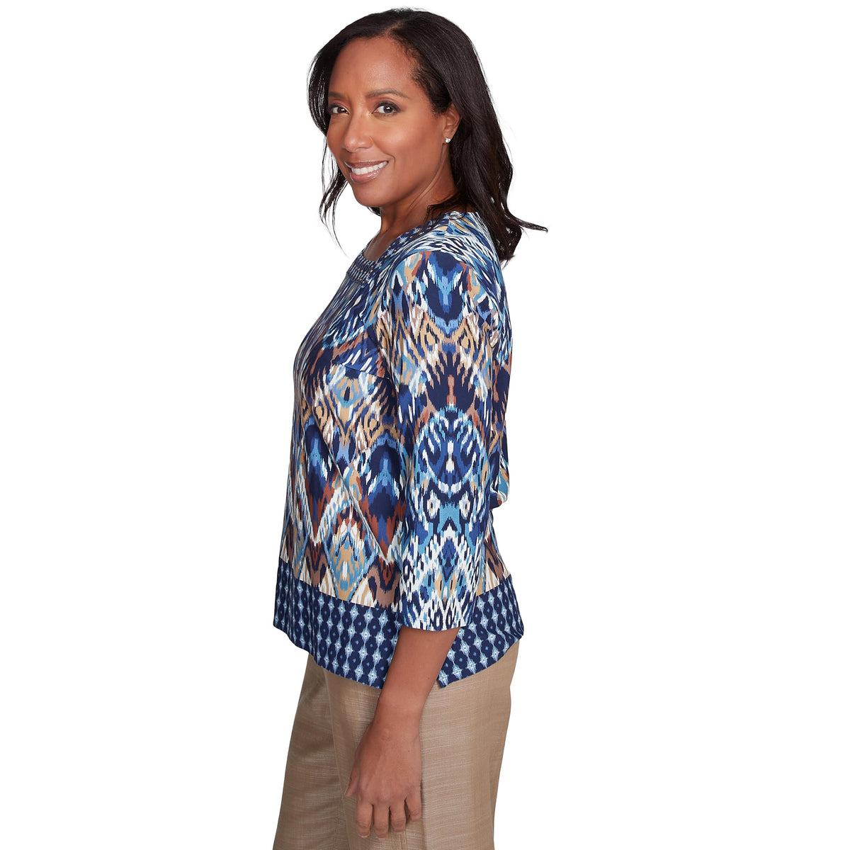 Alfred Dunner Ikat Diamond Border Top Cotton (US, Alpha, Small, Regular, Petite, Petite, Multi)