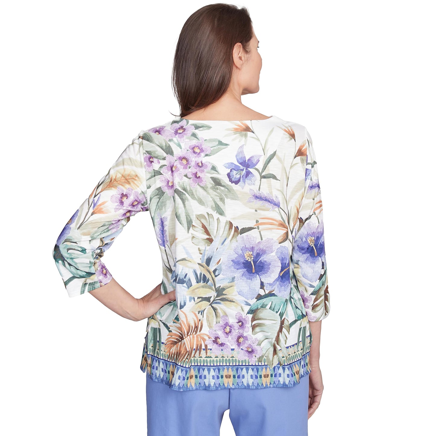 Alfred Dunner Tropical Border Polyester Top (US, Alpha, Medium, Regular, Petite, Petite, Multi)