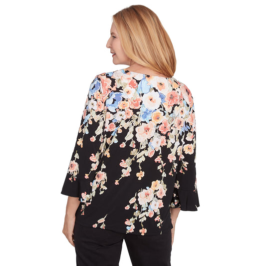 Alfred Dunner Women's Falling Flower Beaded Split Neck Top Size S Black