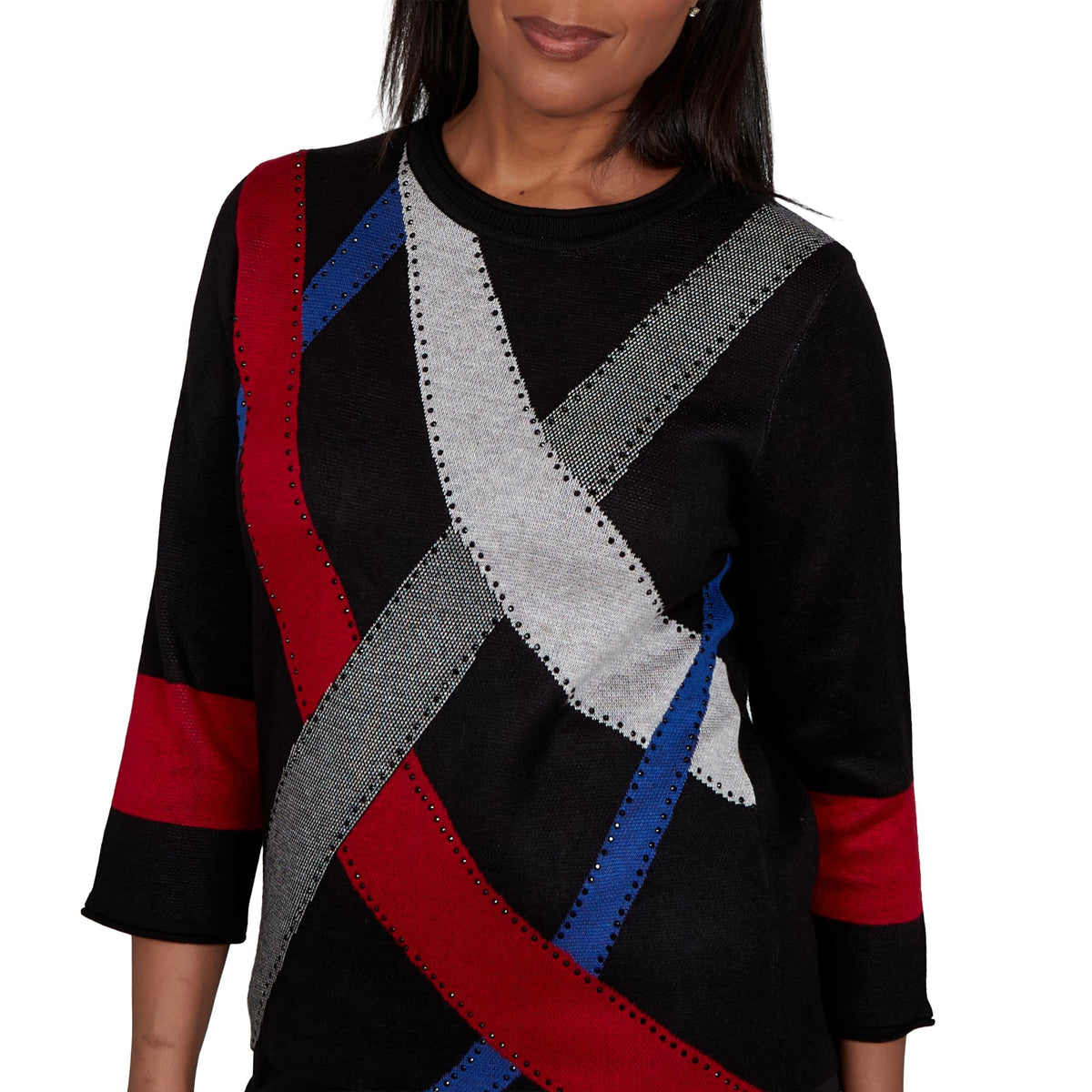 Alfred Dunner Women's Contrast Stripe Colorblock Sweater, Black, L