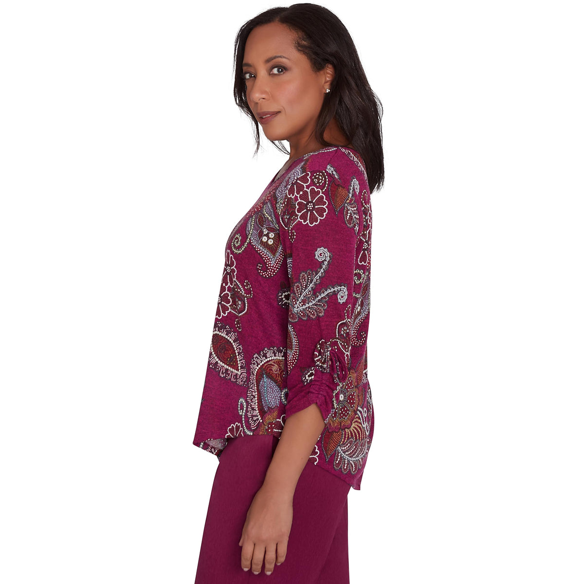 Alfred Dunner Wine Country Floral Medallion Polyester Top (US, Alpha, Small, Regular, Regular, Standard, Wine)