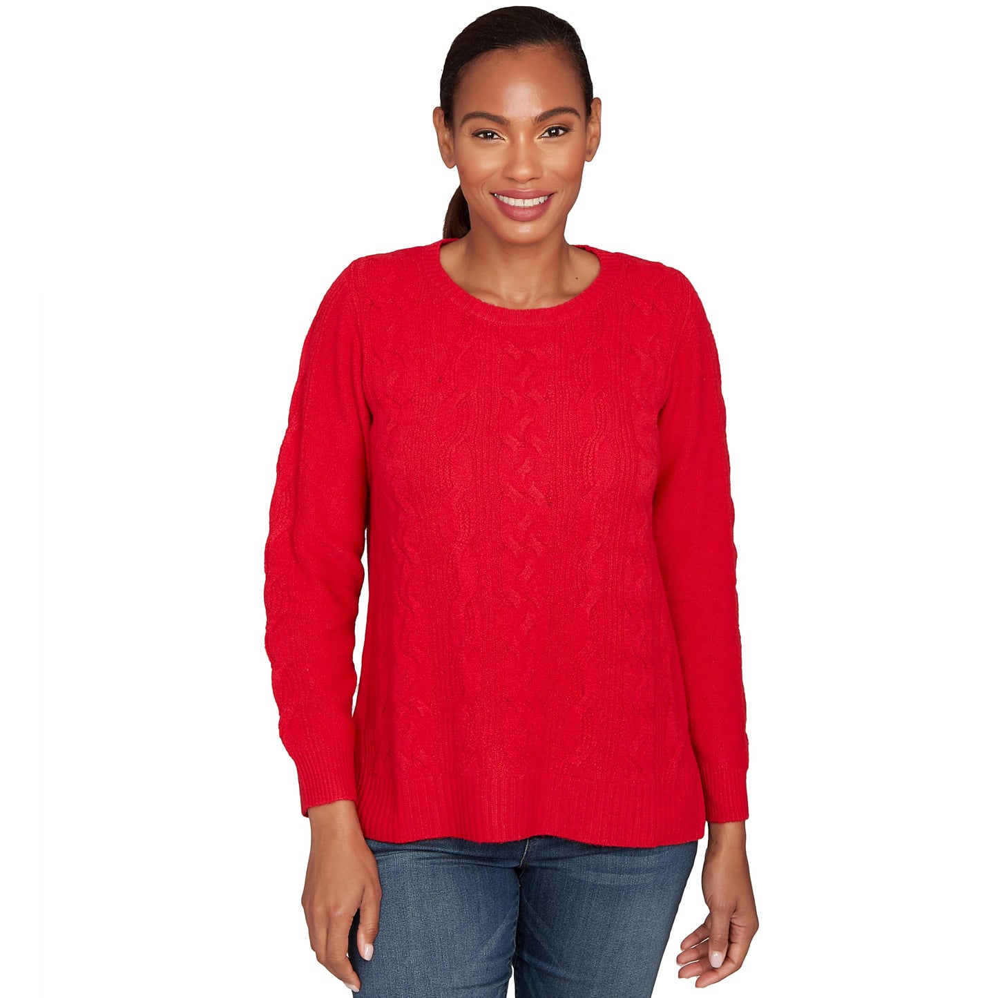 Ruby Rd. Classic Cable Pullover Sweater Polyester/Nylon (US, Alpha, Medium, Regular, Petite, Petite, Cherry)