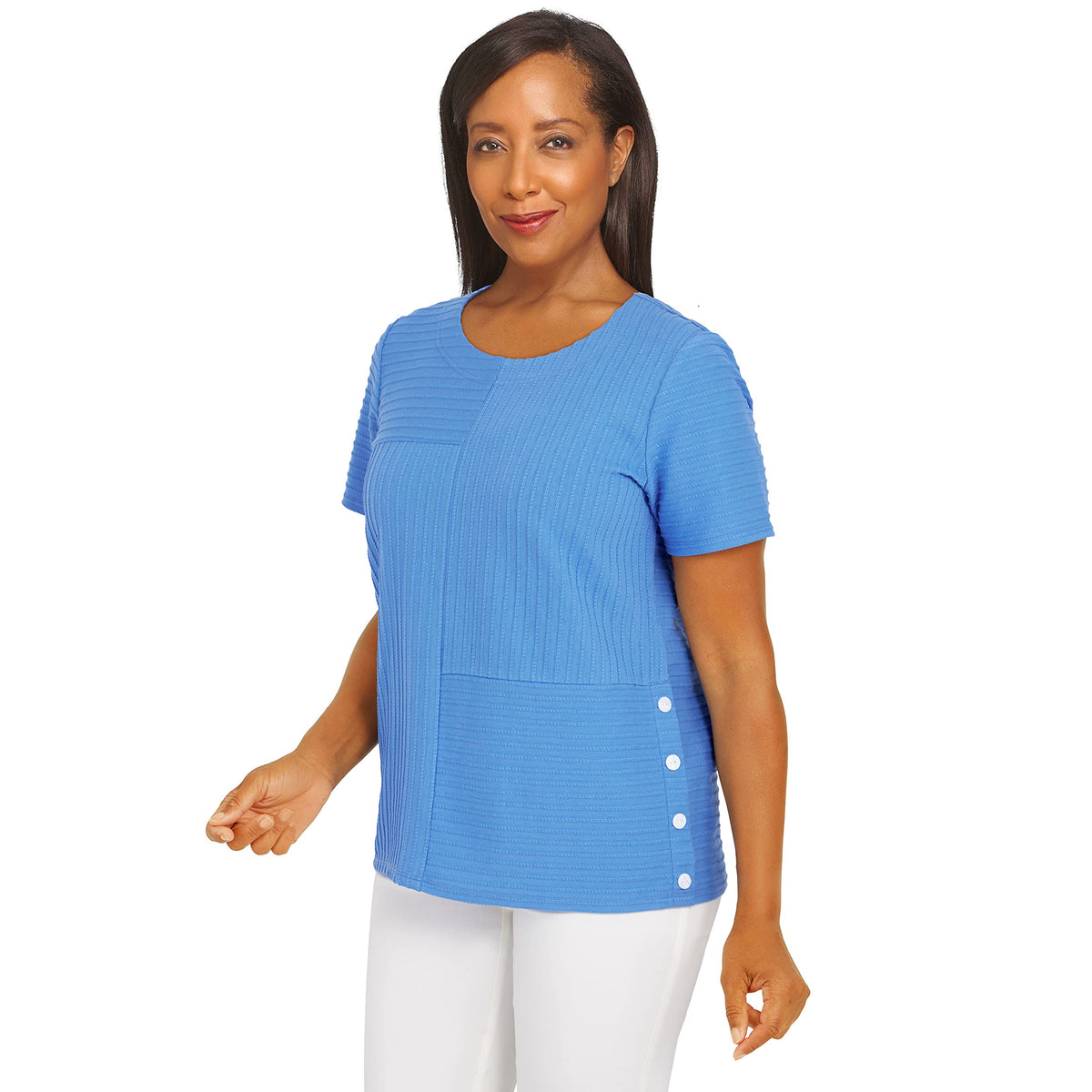 Alfred Dunner Classics Tuxtured Knit with Buttons On The Seem 75% Cotton (as1, Alpha, s, Regular, Regular, Standard, Sea Green)