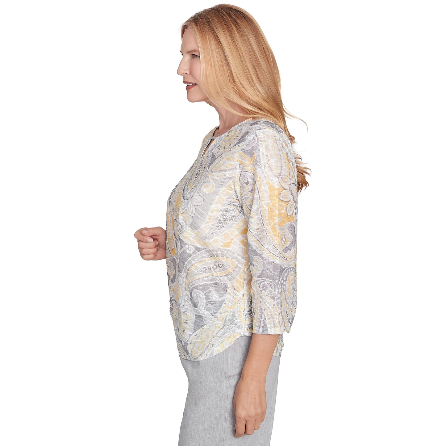 Alfred Dunner Dress Code Paisley Texture Polyester Top (US, Alpha, Small, Regular, Regular, Standard, Grey/Multi)