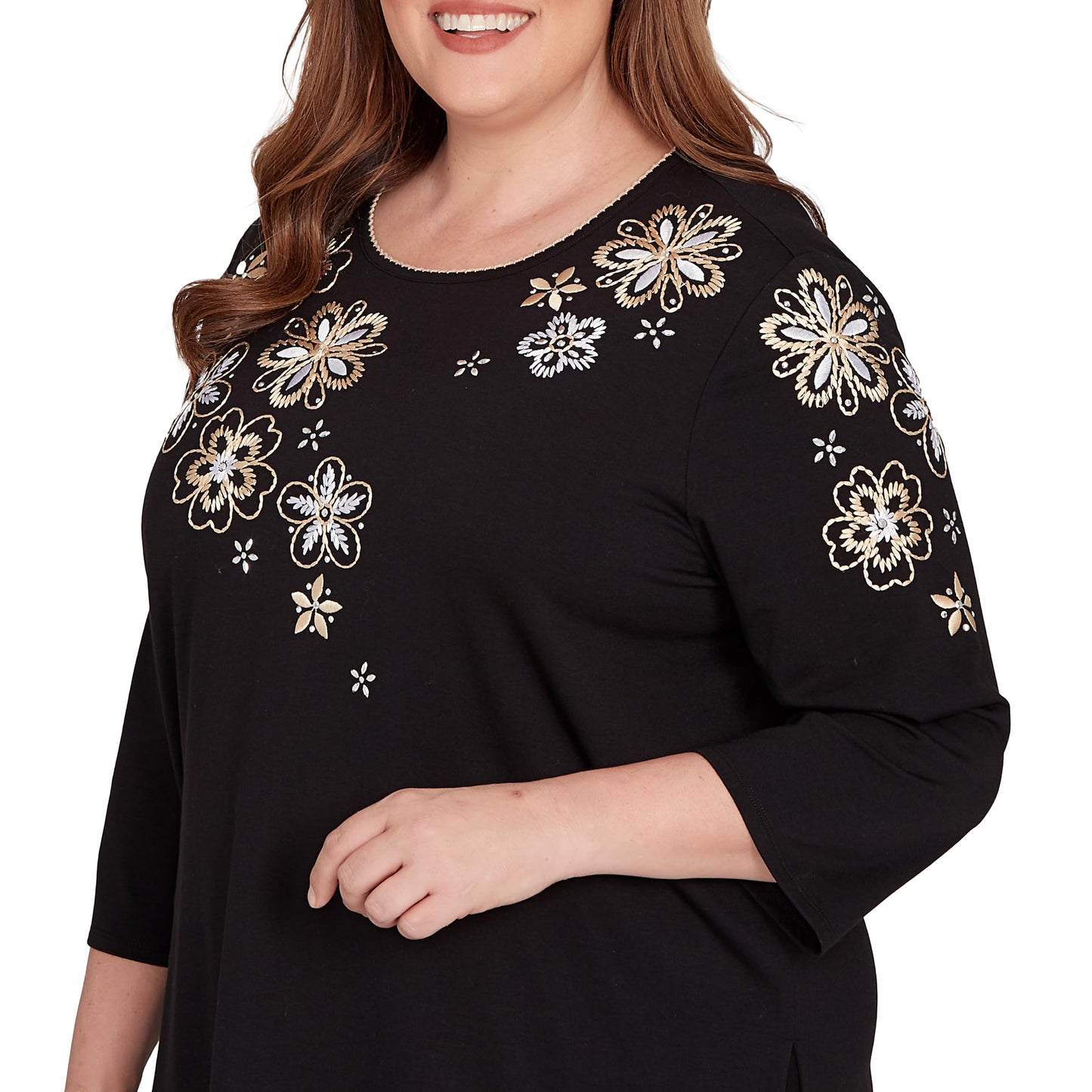 Gold Floral Embroidered Three Quarter Sleeve Top