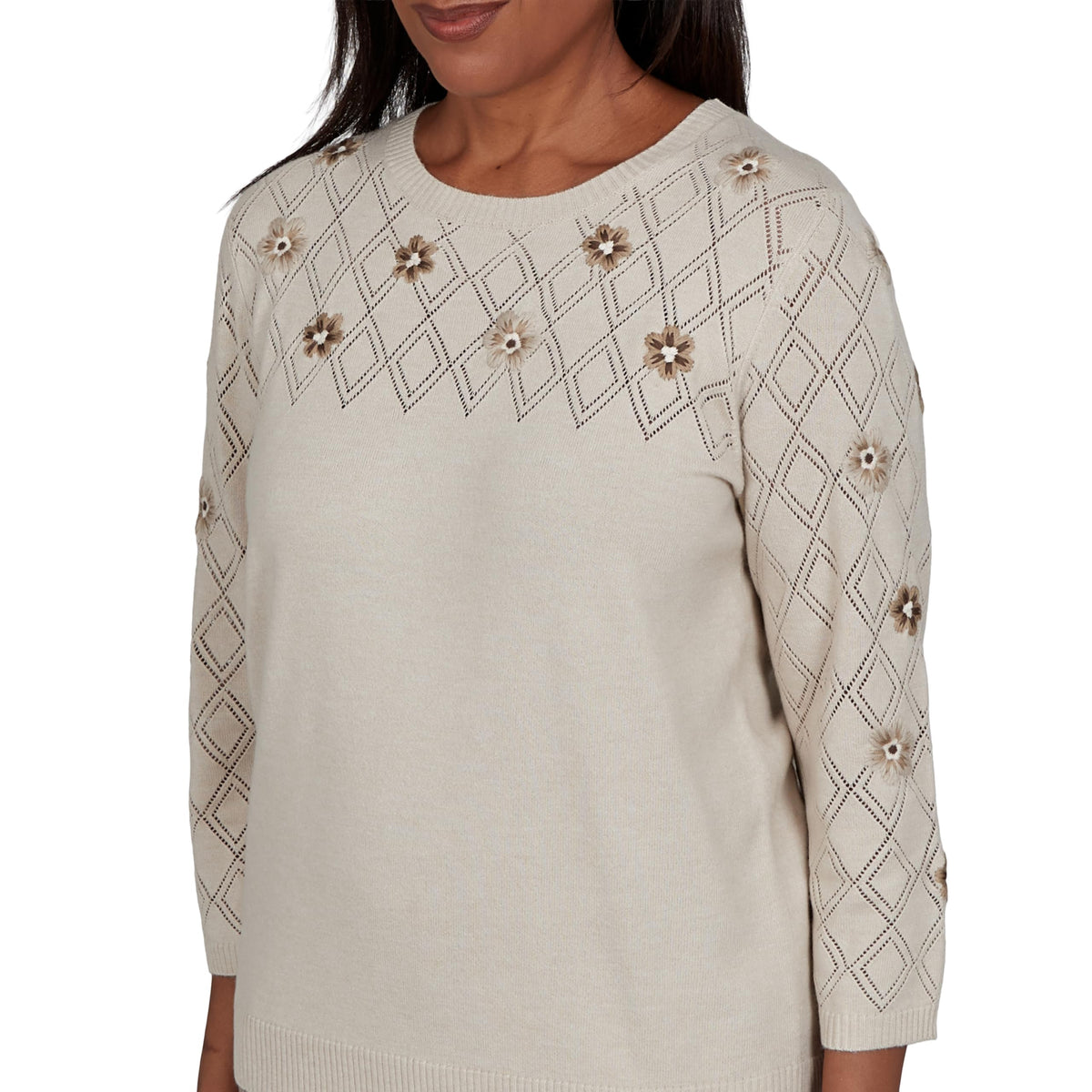 Alfred Dunner Women's Flower Embroidered Pointelle Sweater, Latte, L