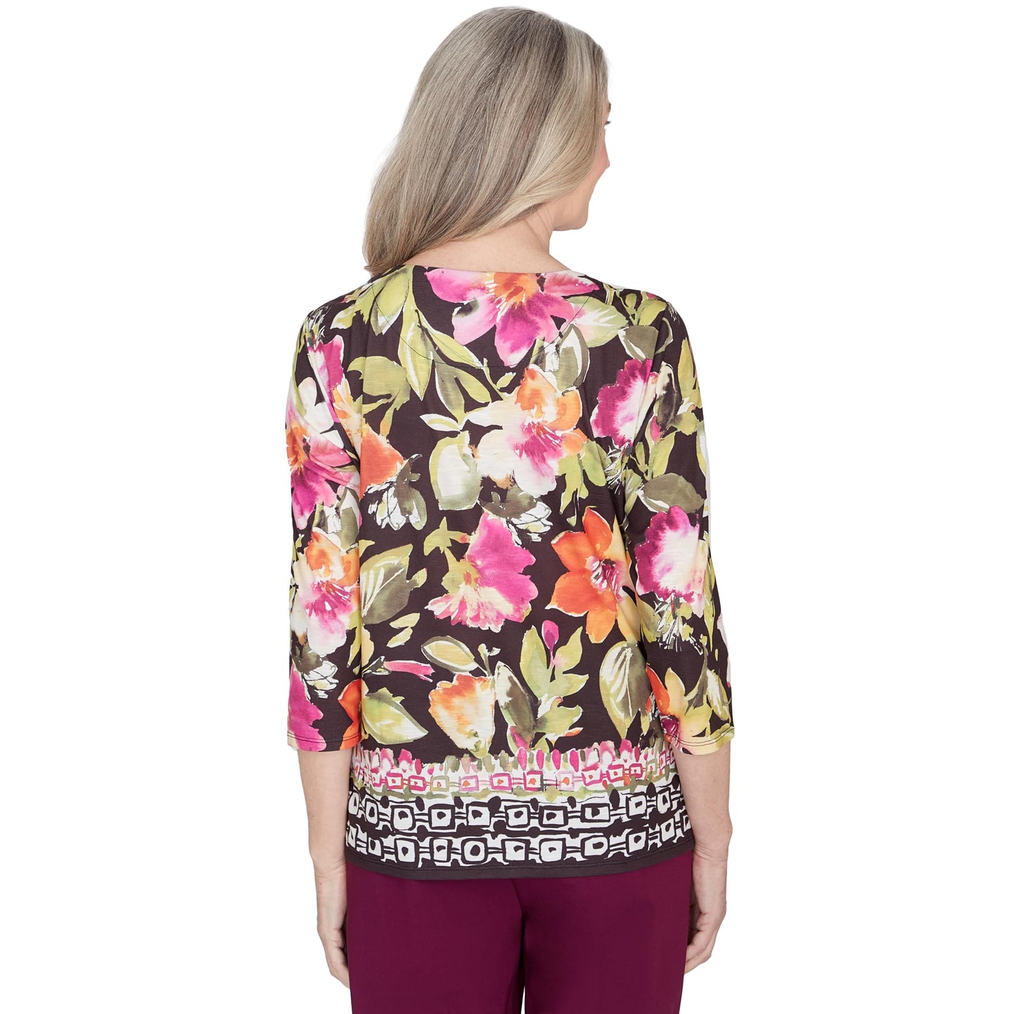 Alfred Dunner Classic Polyester Top Floral with Geometric Border (US, Alpha, X-Large, Regular, Regular, Standard, Multi)