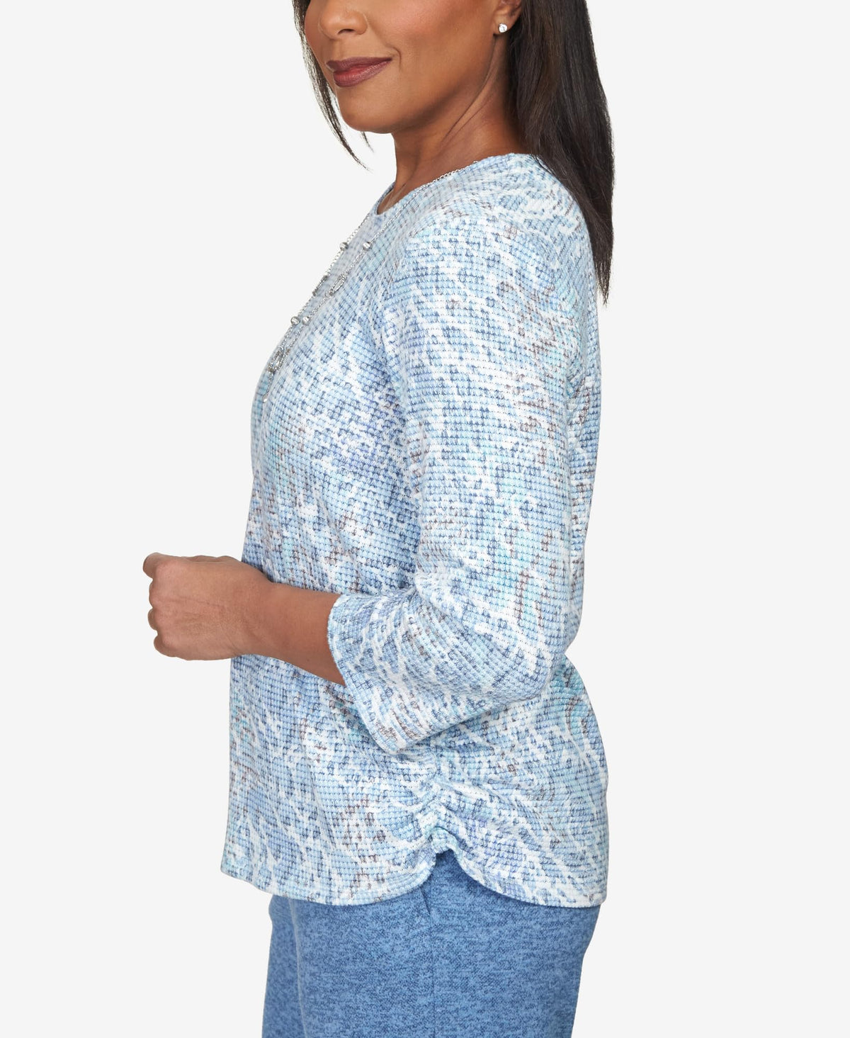Alfred Dunner Comfort Zone Animal Print Rayon Polyester Top (US, Alpha, Small, Regular, Petite, Petite, Wedge Wood)