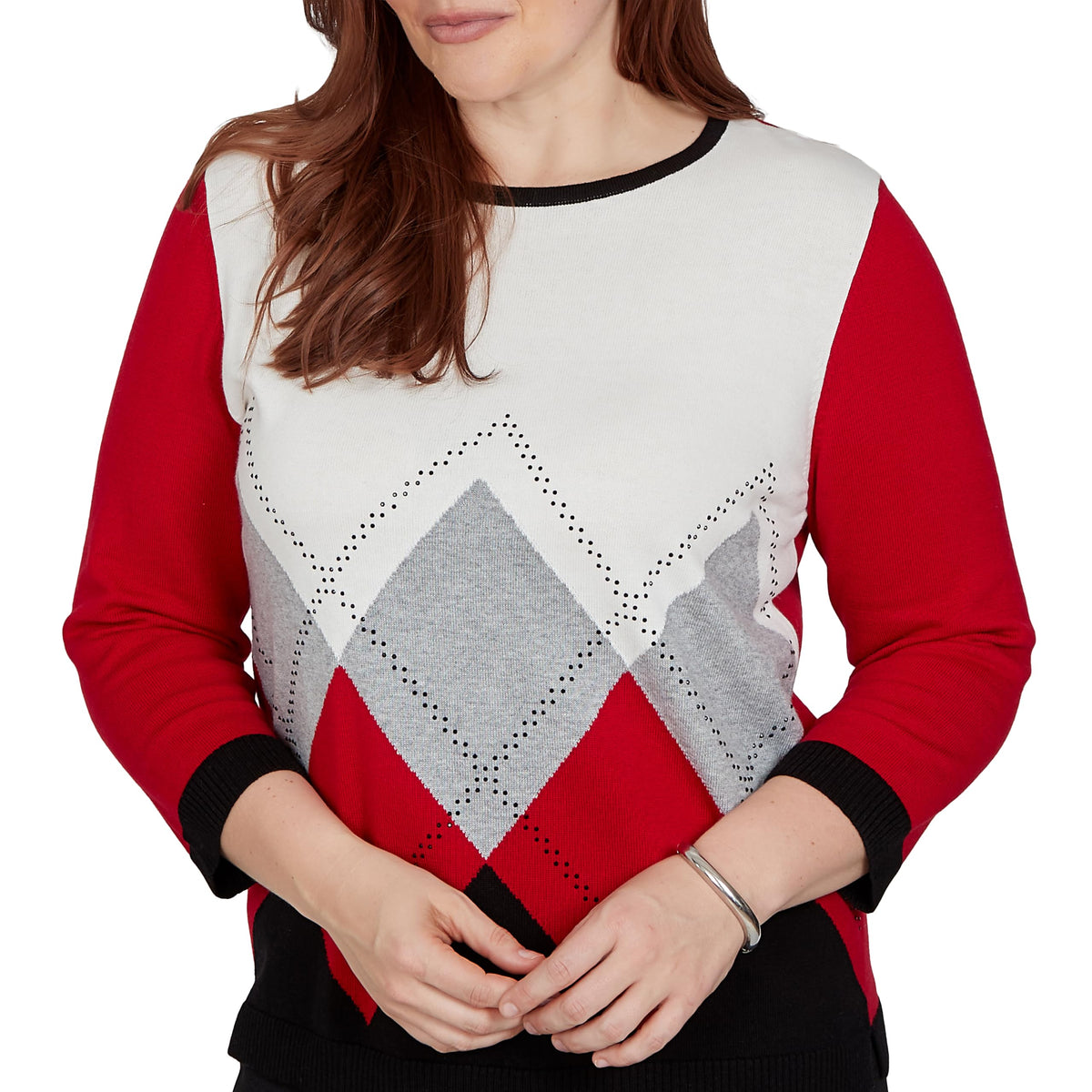 Alfred Dunner Women's Argyle Beaded Sweater, Red, M