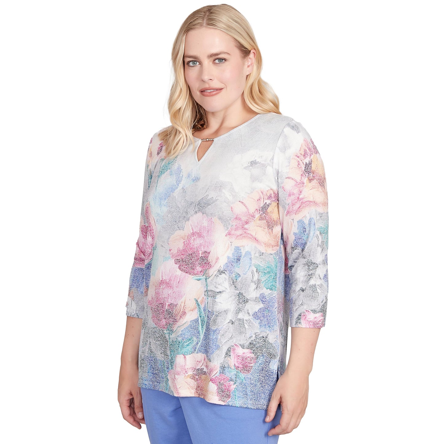 Alfred Dunner Women's Floral Brushstroke Beaded Split Neck Top Size XL Grey Multi