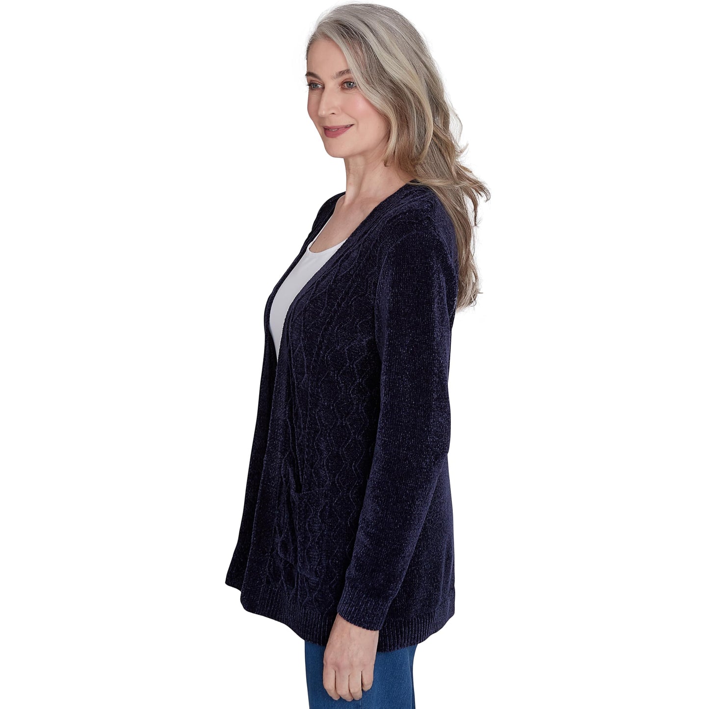 Alfred Dunner Classic Chenille Open Front Cardigan with Pocket Polyester (US, Alpha, Large, Regular, Petite, Petite, Black)