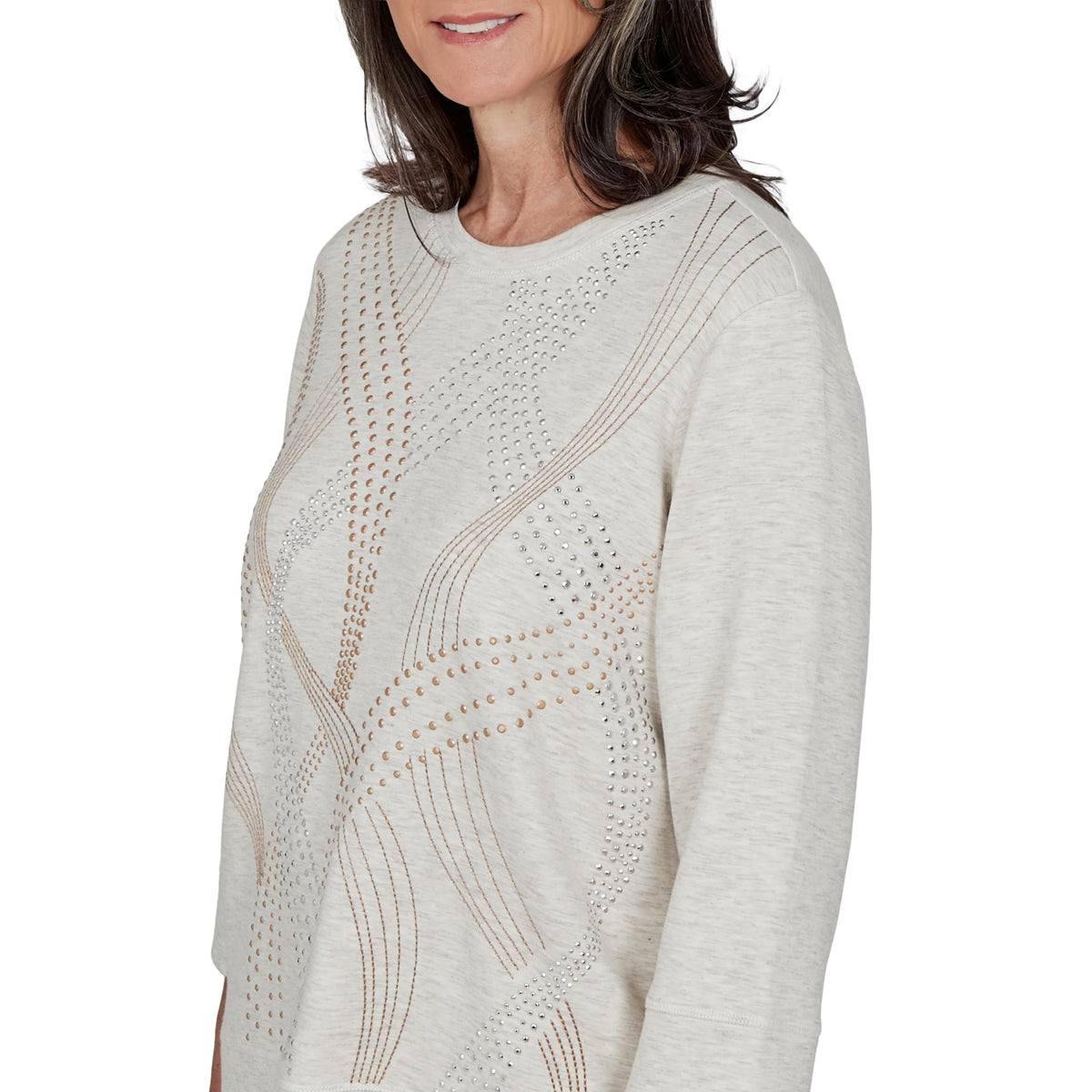 Alfred Dunner Women's Studded Swirls Knit Top, Oatmeal, M