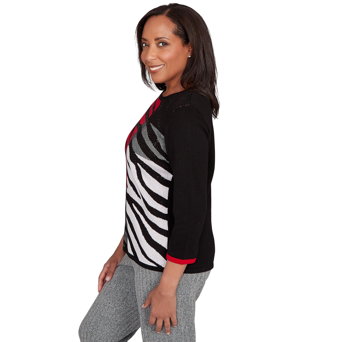 Alfred Dunner Jet Setter Zebra Colorblock Sweater (US, Alpha, Medium, Regular, Petite, Petite, Red/Multi)