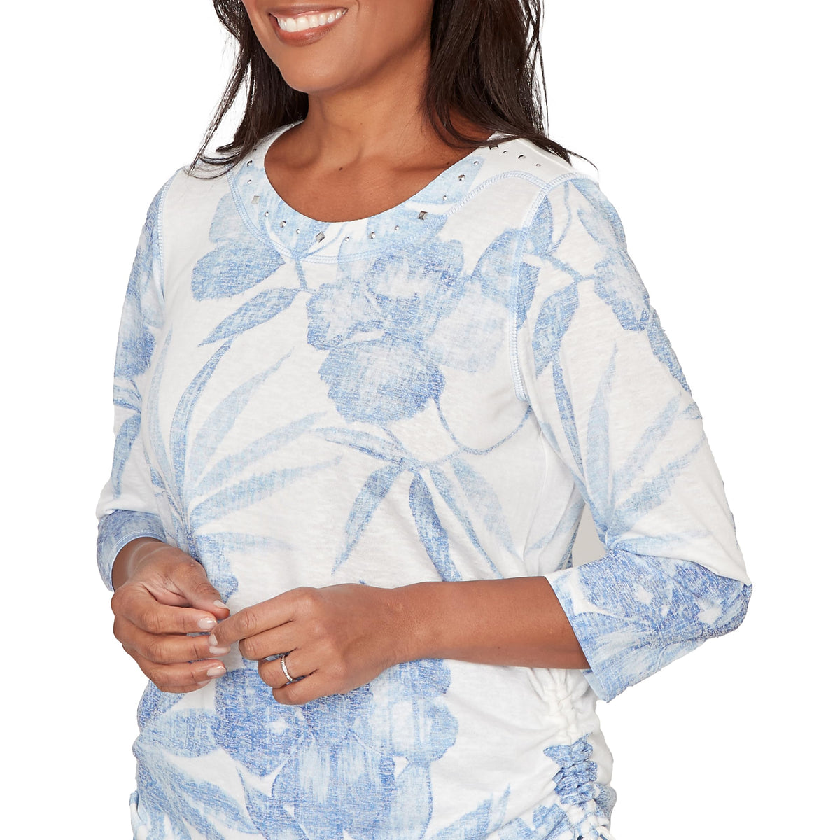 Alfred Dunner Women's Monotone Dramatic Floral Tropical Top, Size M, Ocean Blue
