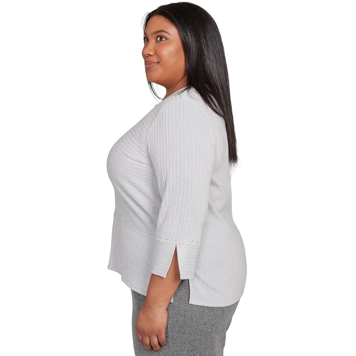Alfred Dunner Women's Plus-Size Heat Set Embellished Solid Knit Top, Size 2X, Grey