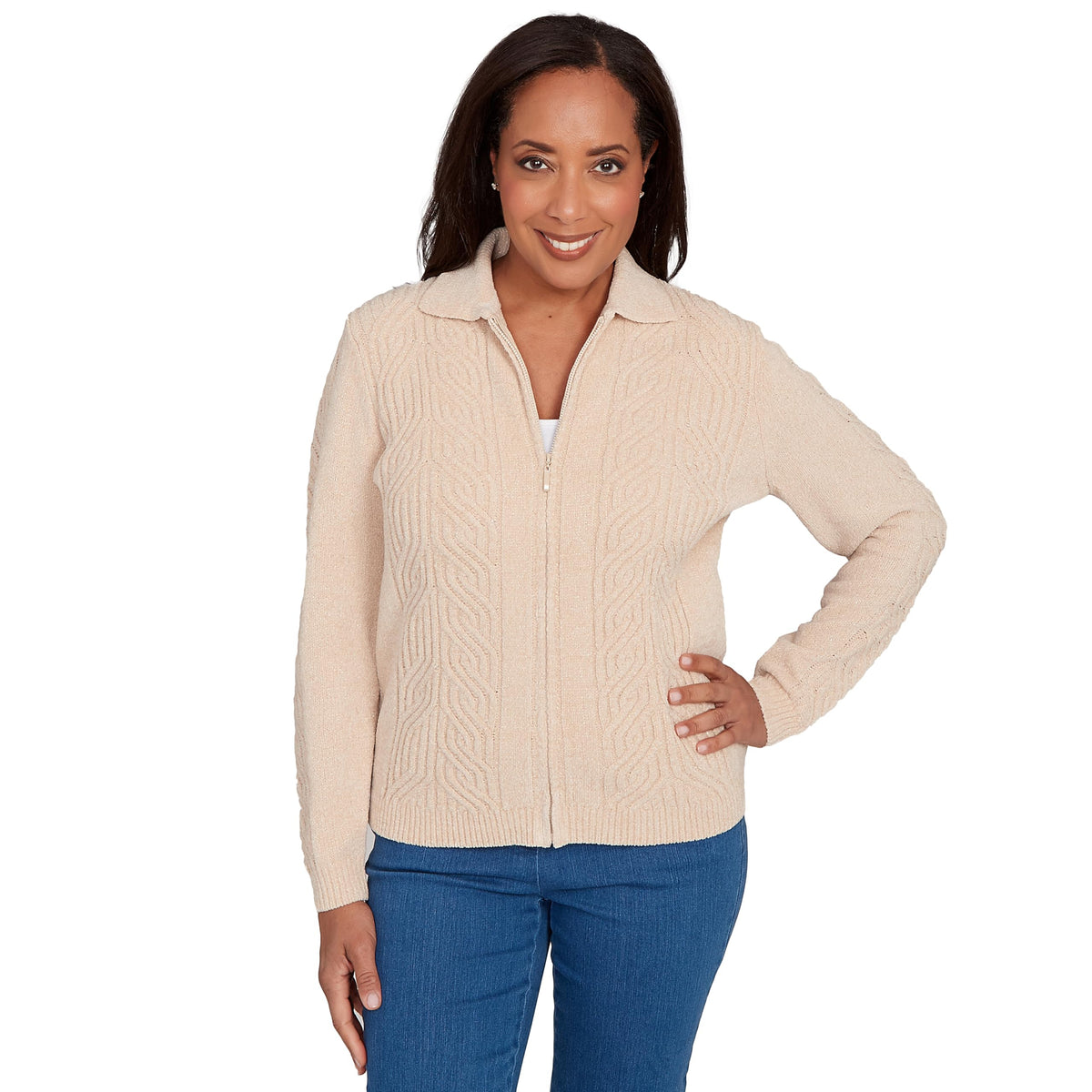 Alfred Dunner Chenille Zip Front Cardigan (US, Alpha, Small, Regular, Regular, Standard, Latte)
