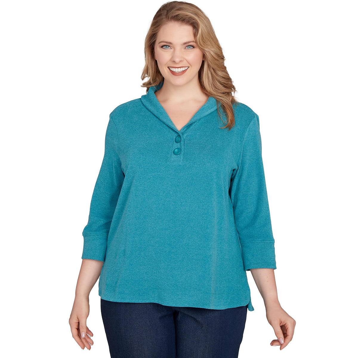 Ruby Rd. Knit Rib Pullover (US, Alpha, Small, Regular, Petite, Petite, Teal)