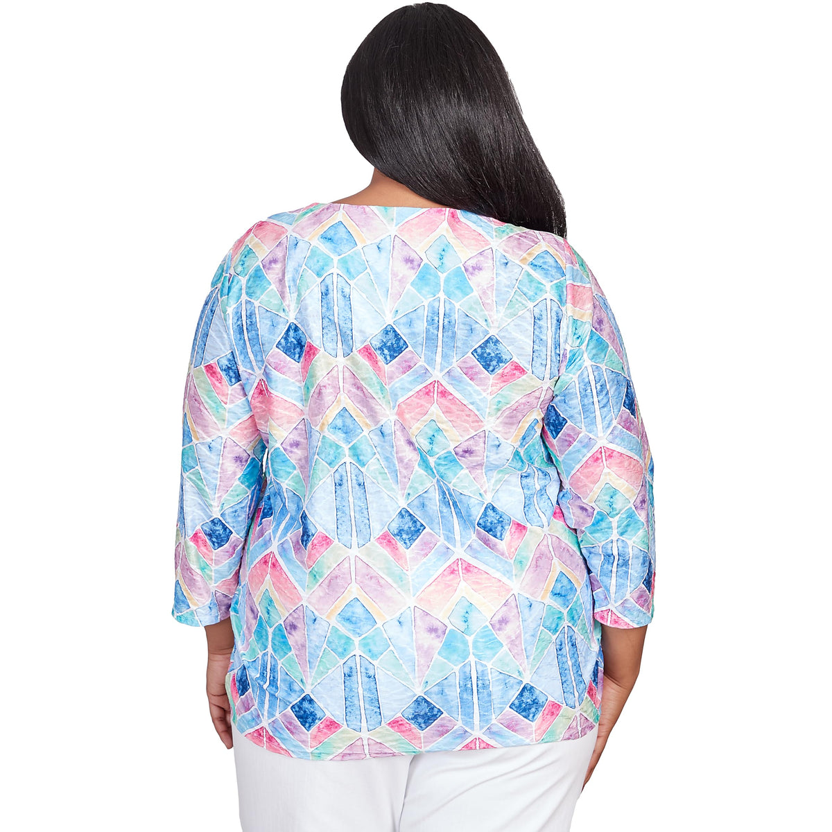 Alfred Dunner Classic Denim Stain Glass Polyester Top (US, Alpha, 3X, Plus, Regular, Plus Size, Multi)