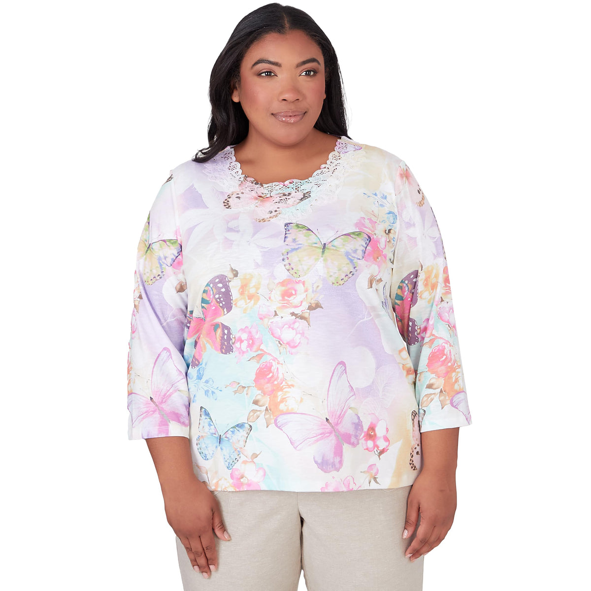 Alfred Dunner Garden Party Butterfly Floral Polyester Top (US, Alpha, 3X, Plus, Regular, Plus Size, Multi)