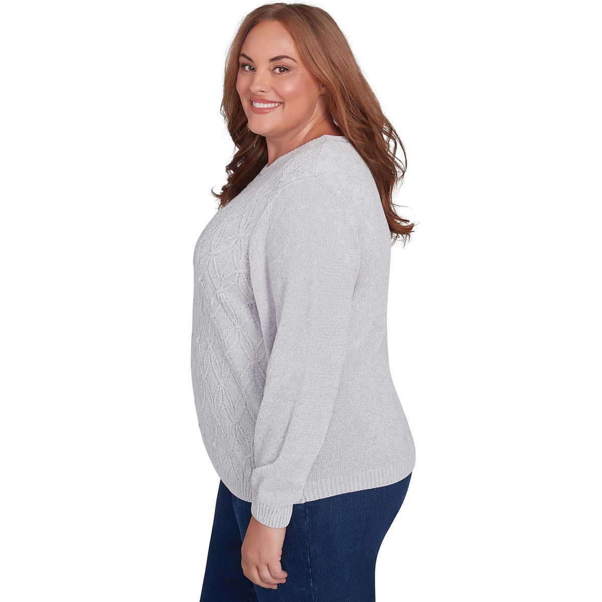 Alfred Dunner Classic Crew Neck Chenille Pullover Sweater (US, Alpha, Large, Regular, Petite, Petite, Grey)