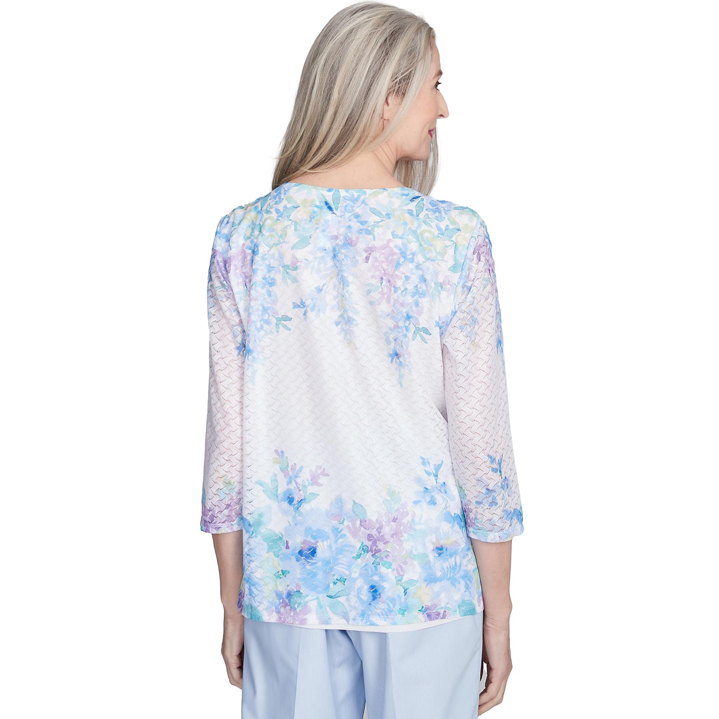 Alfred Dunner ST. Thomas Women's Textured Sky Blue Floral Border Top, Petite Large