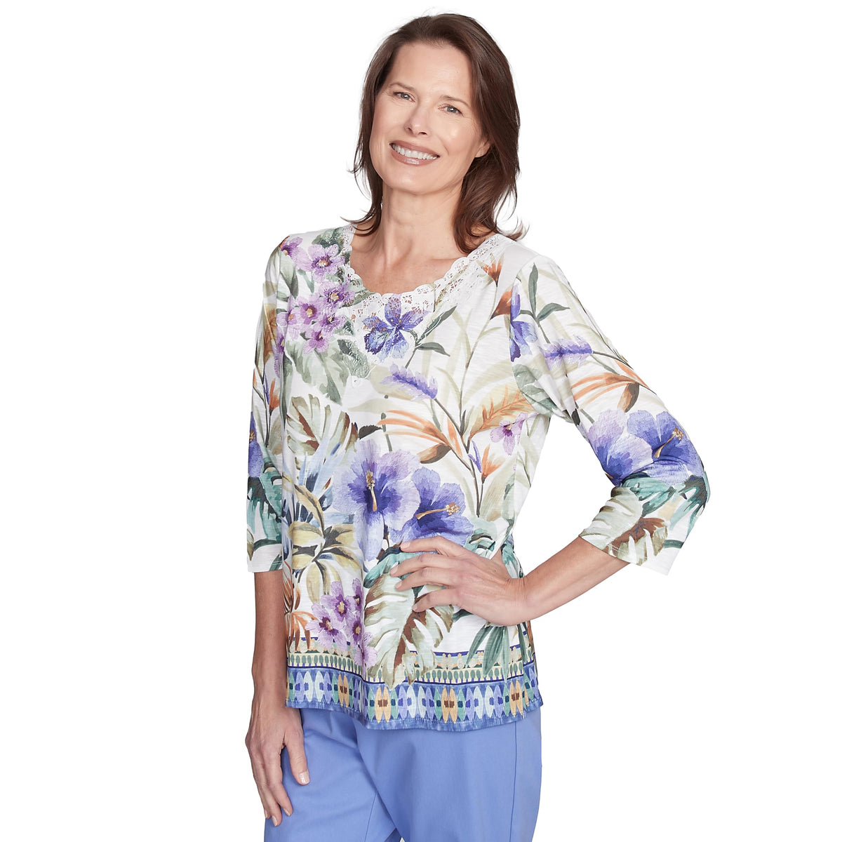 Alfred Dunner Tropical Border Polyester Top (US, Alpha, Small, Regular, Regular, Standard, Multi)