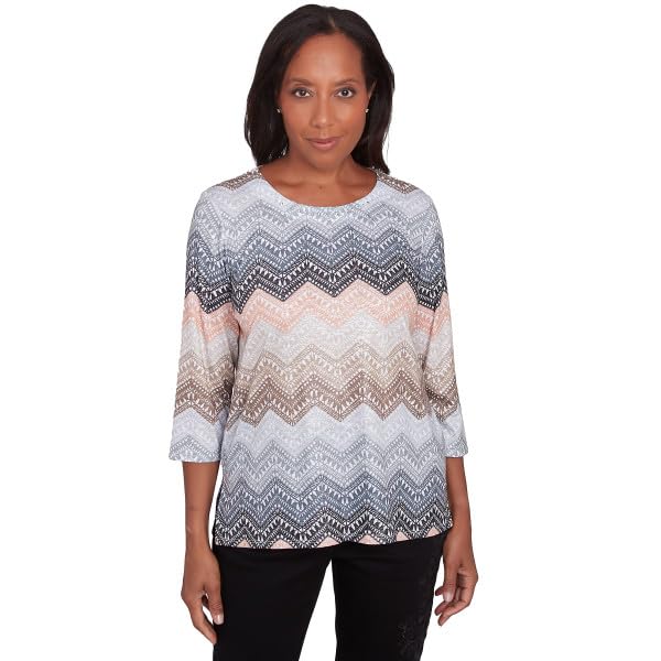 Alfred Dunner Women's Ombré Lacey Chevron Top Tan