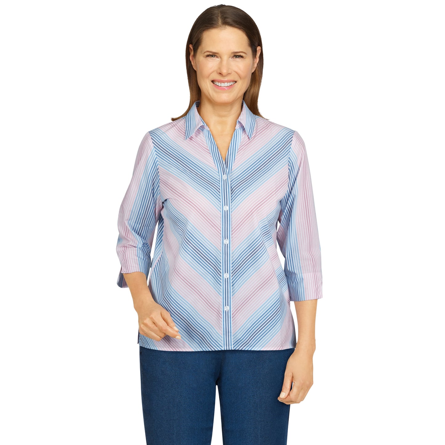 Alfred Dunner Womens Petite Mitered Stripe Print Shirt