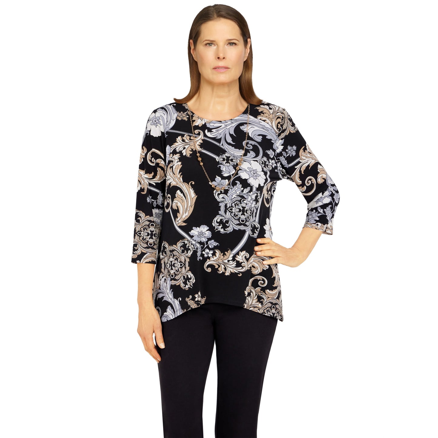 Alfred Dunner Women's Floral Scroll Puff Print Top with Necklace