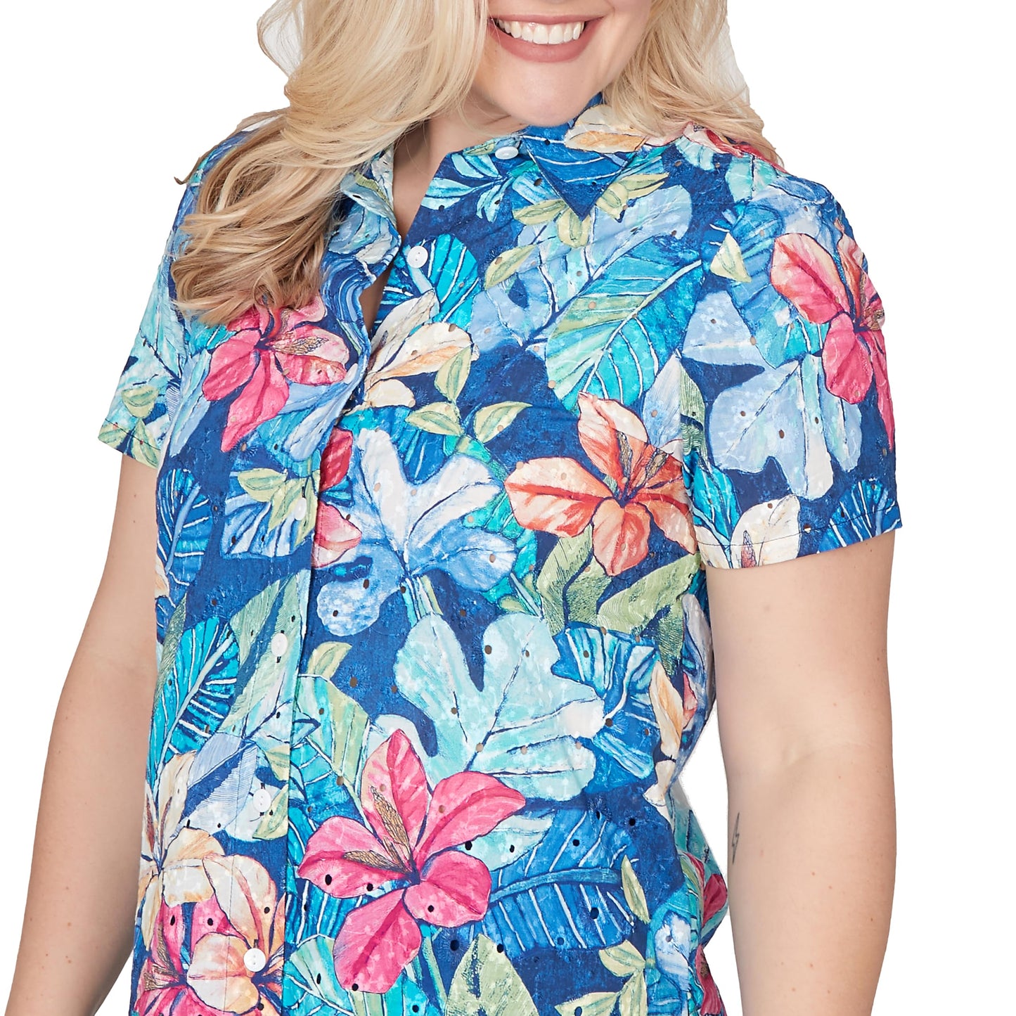 Alfred Dunner Women's Tropical Lace Short Sleeve Button Front Tee