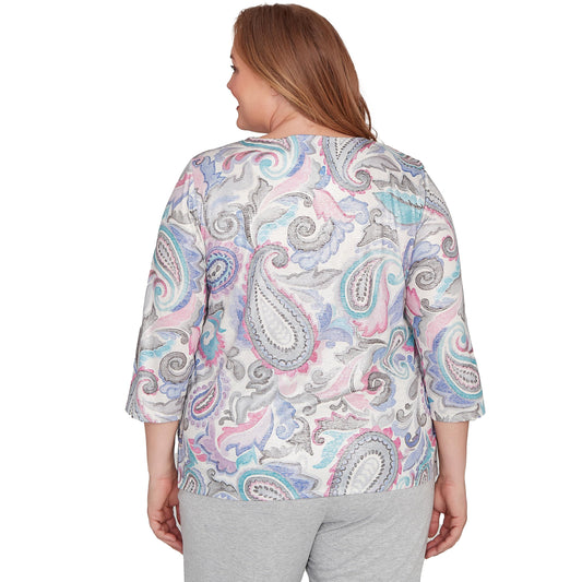 Alfred Dunner Women's Plus-Size Pleated Paisley Crew Neck Top Size 3X Grey Multi