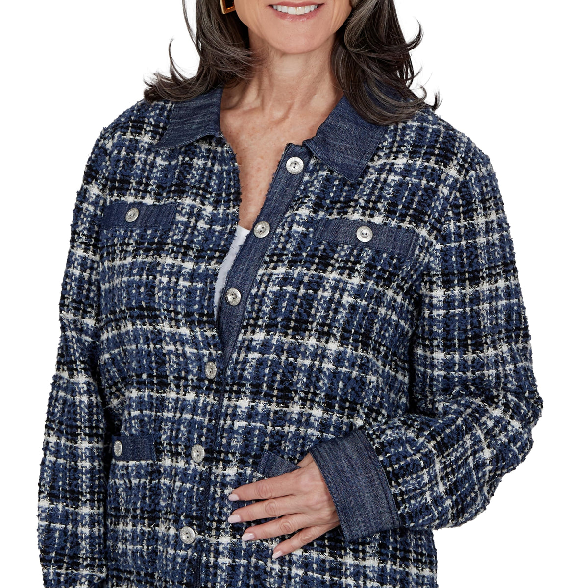 Alfred Dunner Women's Denim Trim Plaid Eyelash Jacket, Navy, S