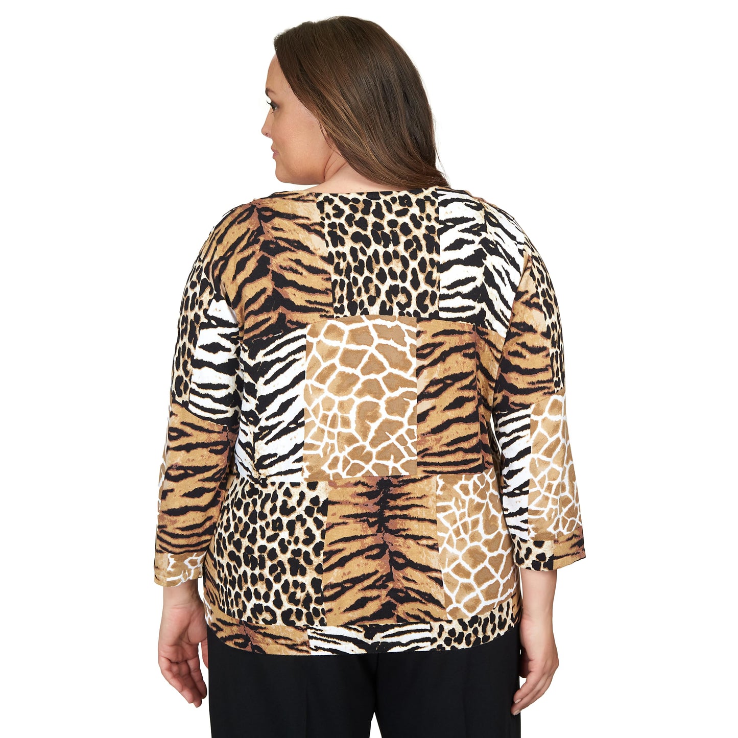 Alfred Dunner Classics Animal Patch Print Cotton Sweater (US, Alpha, 1X, Plus, Regular, Plus Size, Tan)