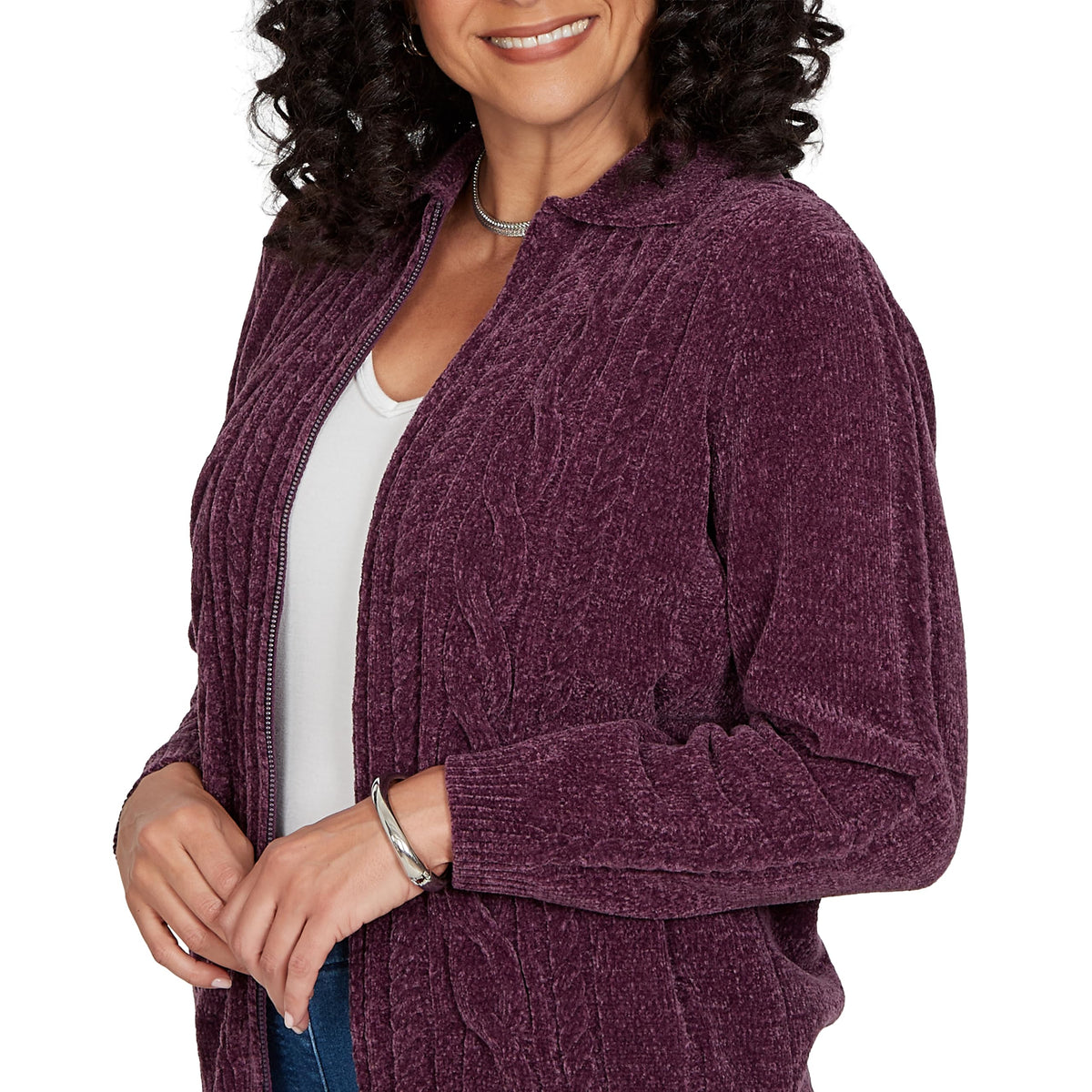 Alfred Dunner Women's Cable Chenille Zip Cardigan Sweater, Amethyst, M