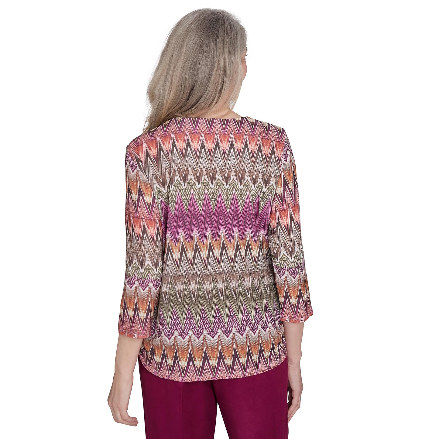 Alfred Dunner Women's Wine Country Chevron Textured Crew Neck Top (US, Alpha, Small, Regular, Regular, Neutral Multi)