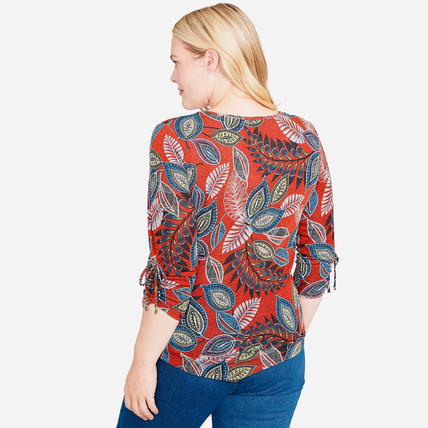 Alfred Dunner Women's Petite Batik Leaves Melange Asymmetrical Top Size PS Spice Multi