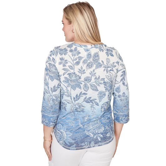Alfred Dunner Women's Ombre Batik Floral Henley Top