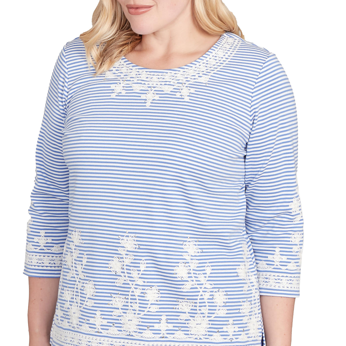 Alfred Dunner Women's Embellished Striped Crew Neck Top Size S Iris