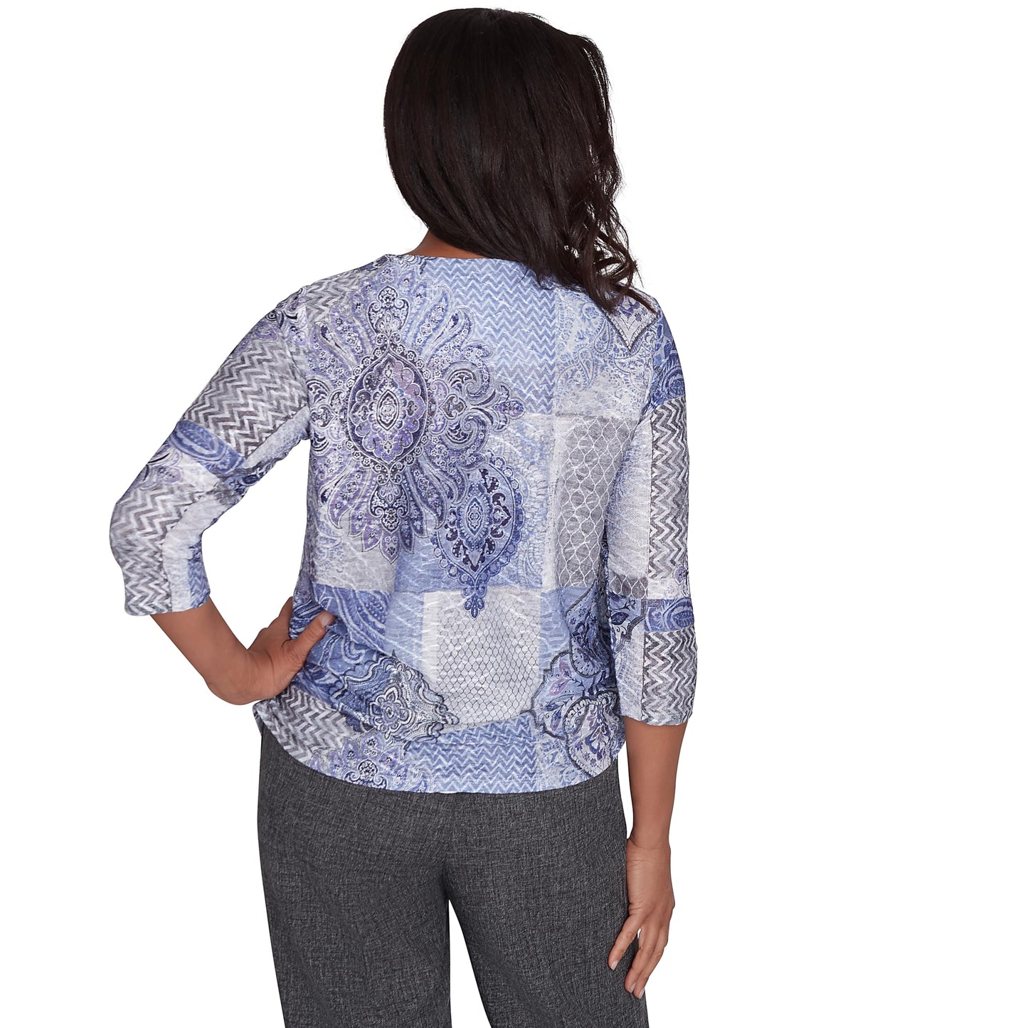 Alfred Dunner Worth Avenue Intricate Medallion Polyester Top (US, Alpha, Large, Regular, Regular, Standard, Multi/Purple)