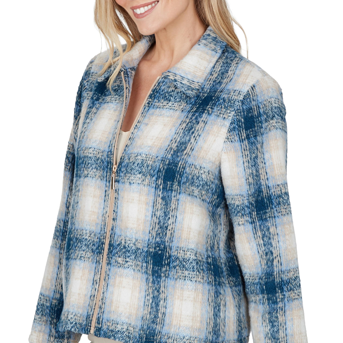 Alfred Dunner Women's Plaid Texture Zip Jacket, Blue, S