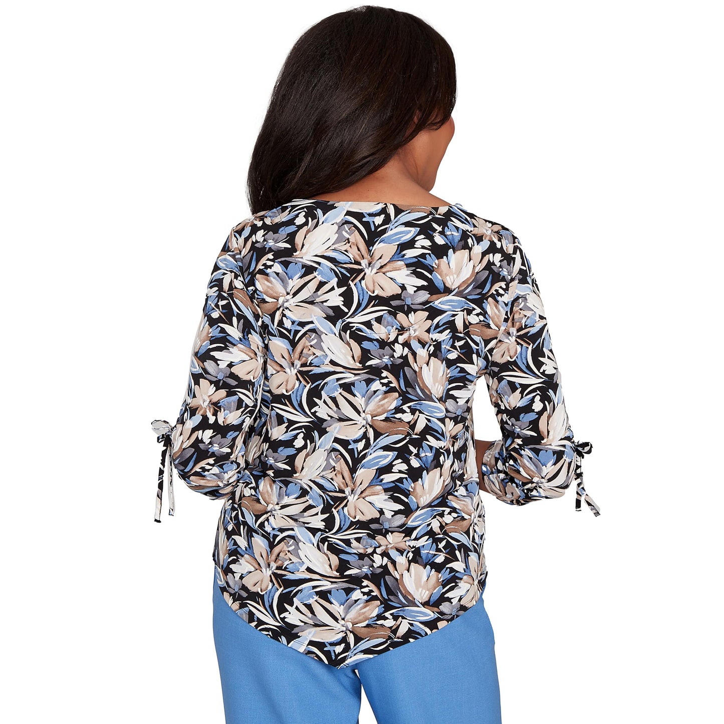 Alfred Dunner Women's Tie Sleeve Brushstroke Floral Knit Top Size L Black Multi