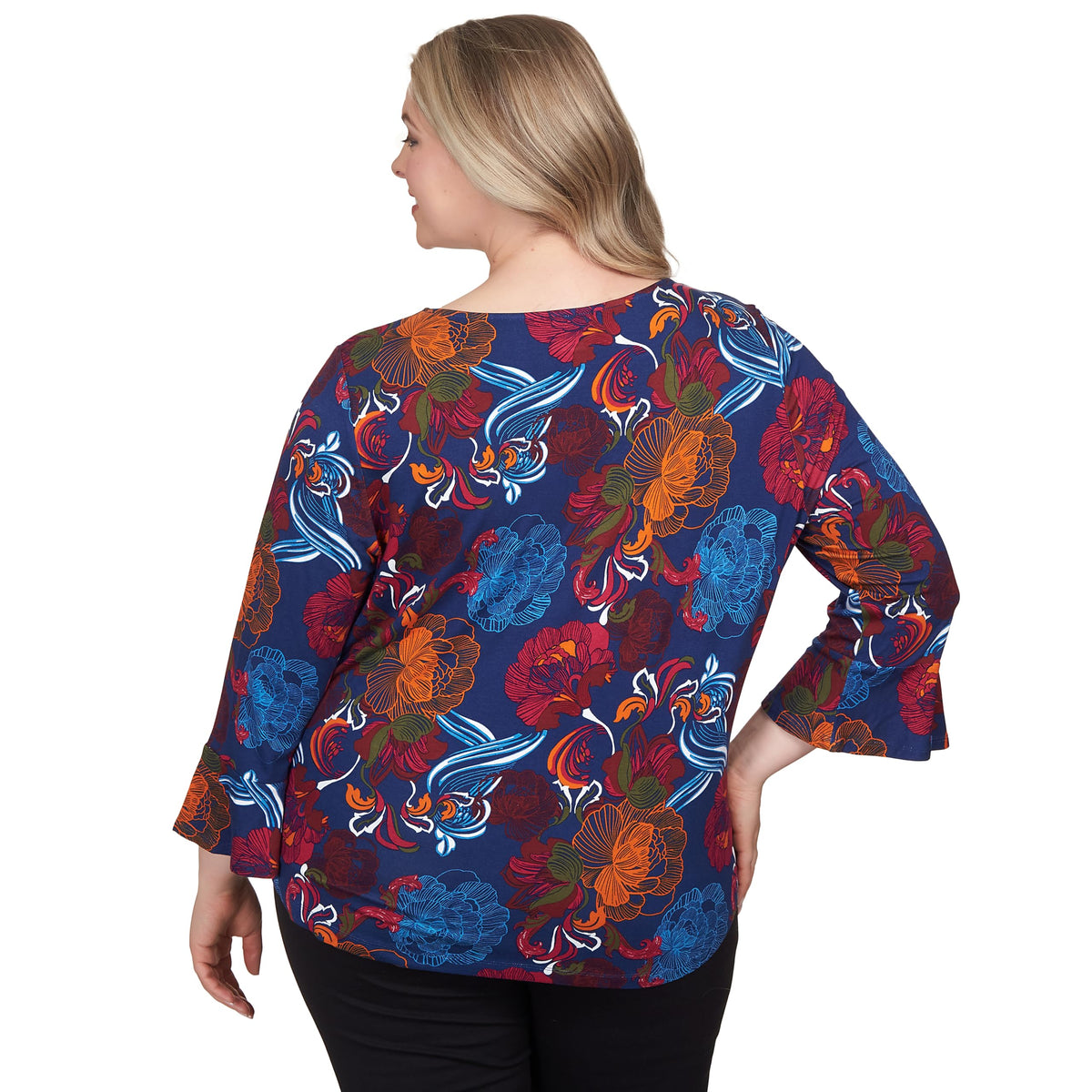 Ruby Rd. Must Have Rayon Floral Top with Bell Sleeve Washable (US, Alpha, 2X, Plus, Regular, Plus Size, Indigo/Multi)