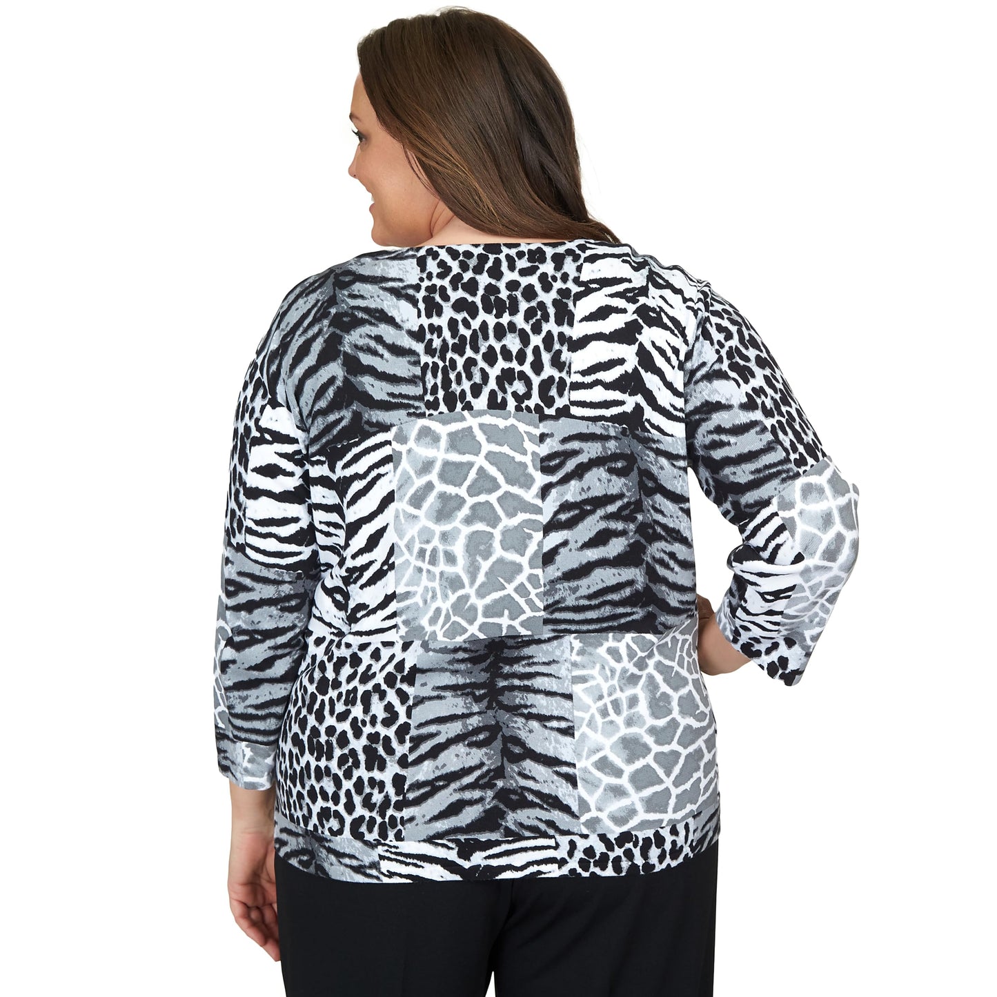 Alfred Dunner Classics Animal Patch Print Cotton Sweater (US, Alpha, 3X, Plus, Regular, Plus Size, Grey)