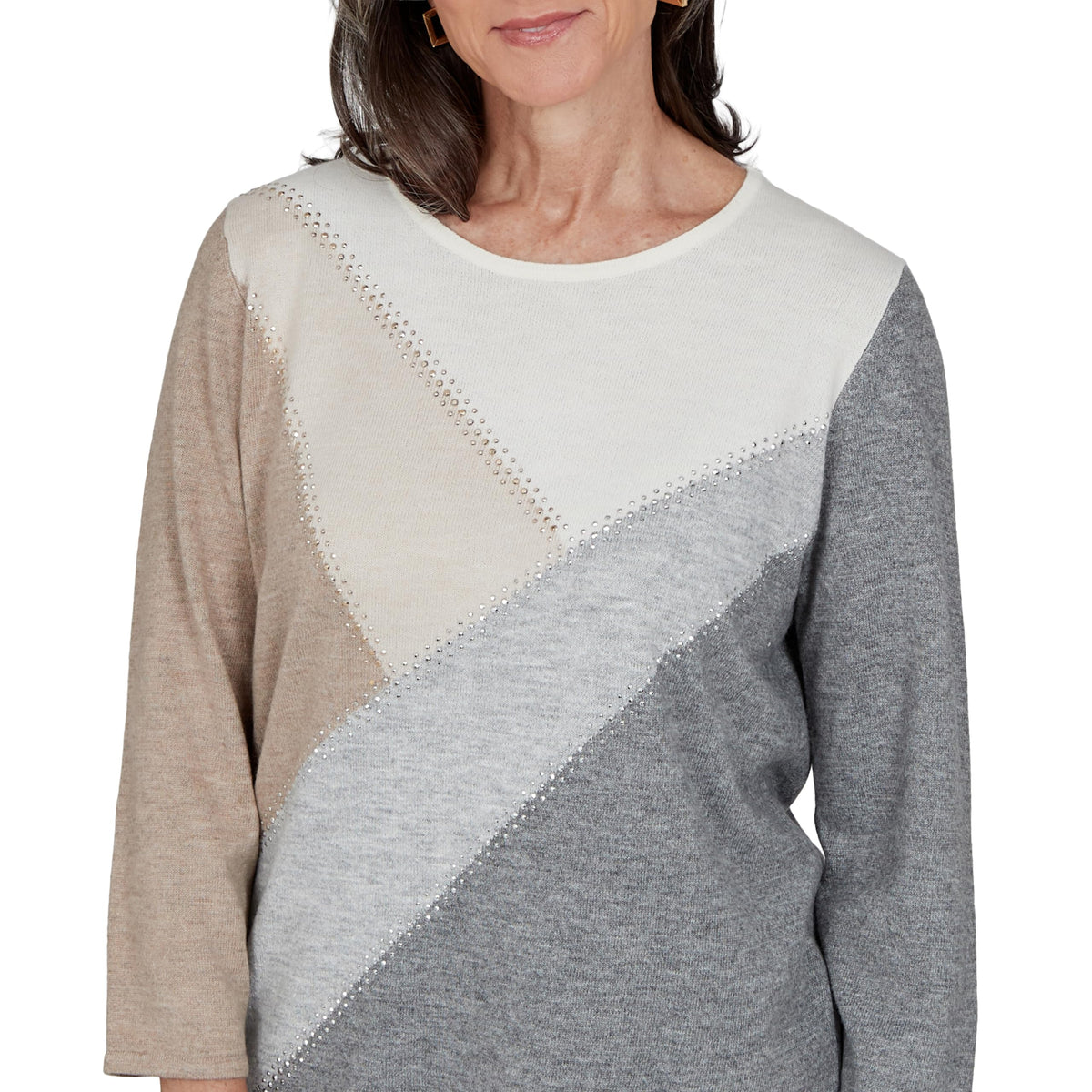 Alfred Dunner Women's Studded Colorblock Sweater, Grey, M