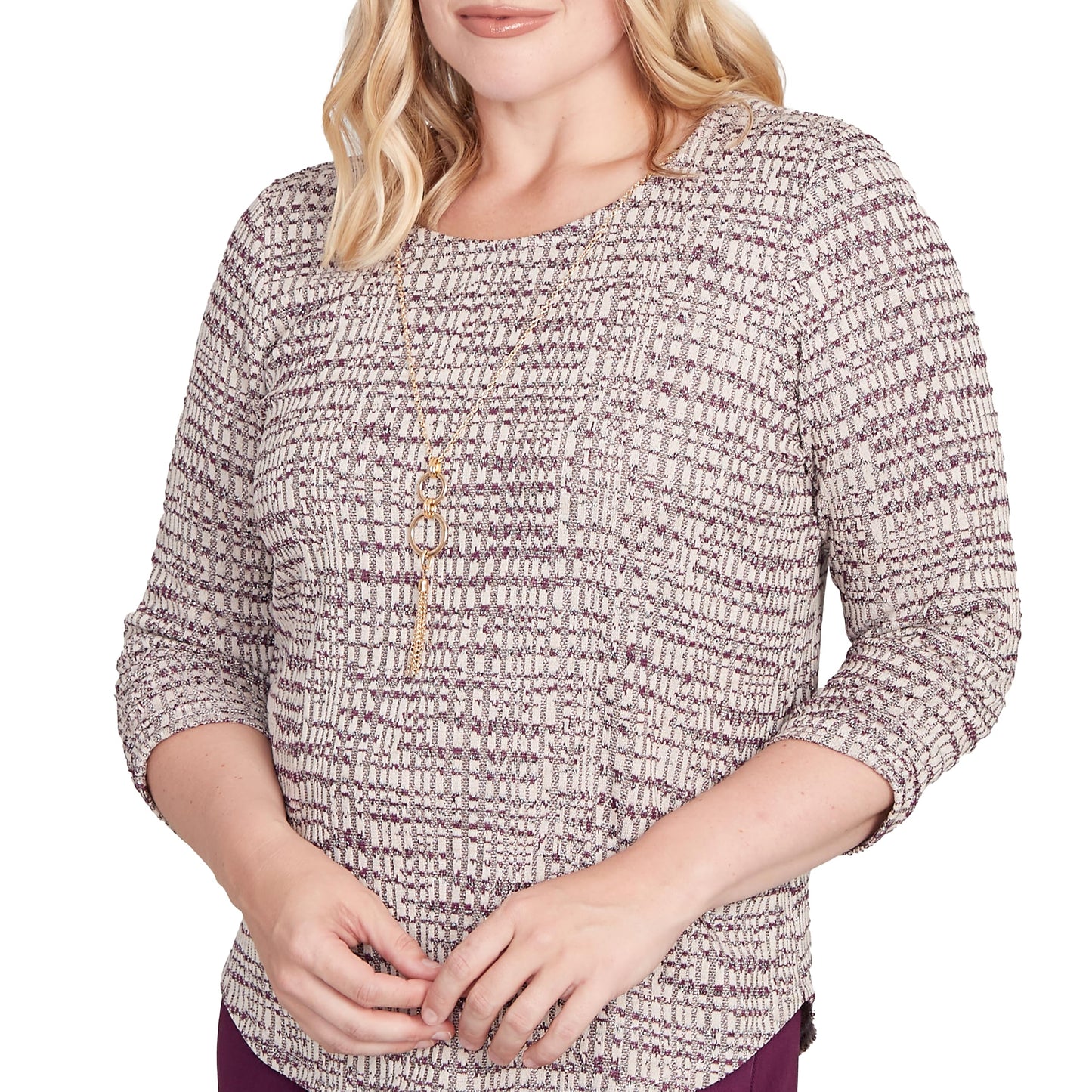 Alfred Dunner Women's Petite Textured Shimmer Space Dye Top with Necklace Size PM Plum Multi