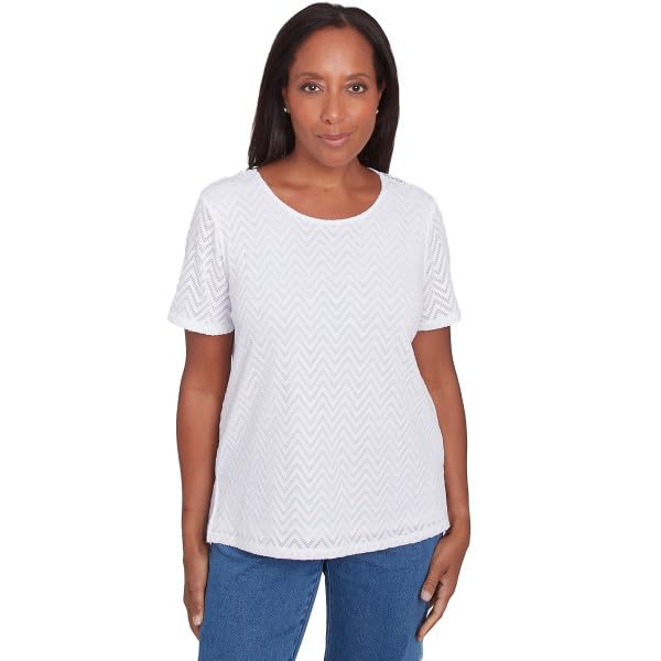 Alfred Dunner Women's Textured Chevron Lace Back Tee White
