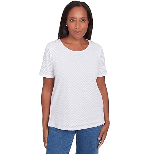 Alfred Dunner Women's Textured Chevron Lace Back Tee White